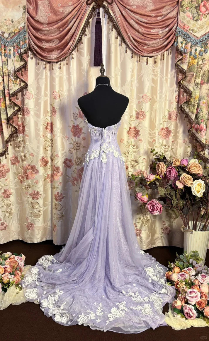 Gentle Purple Mermaid Sweetheart Neck Floral Tulle Prom Dress Party Dress with Slit DP3182