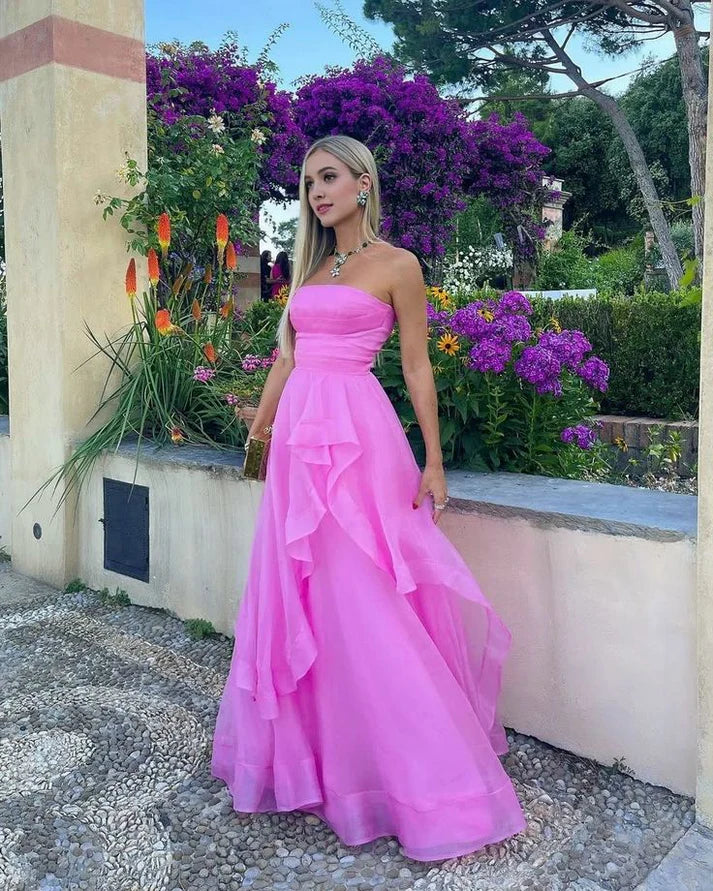 Hot Pink A Line Strapless Tulle Long Prom Dress Evening Dress DP1674