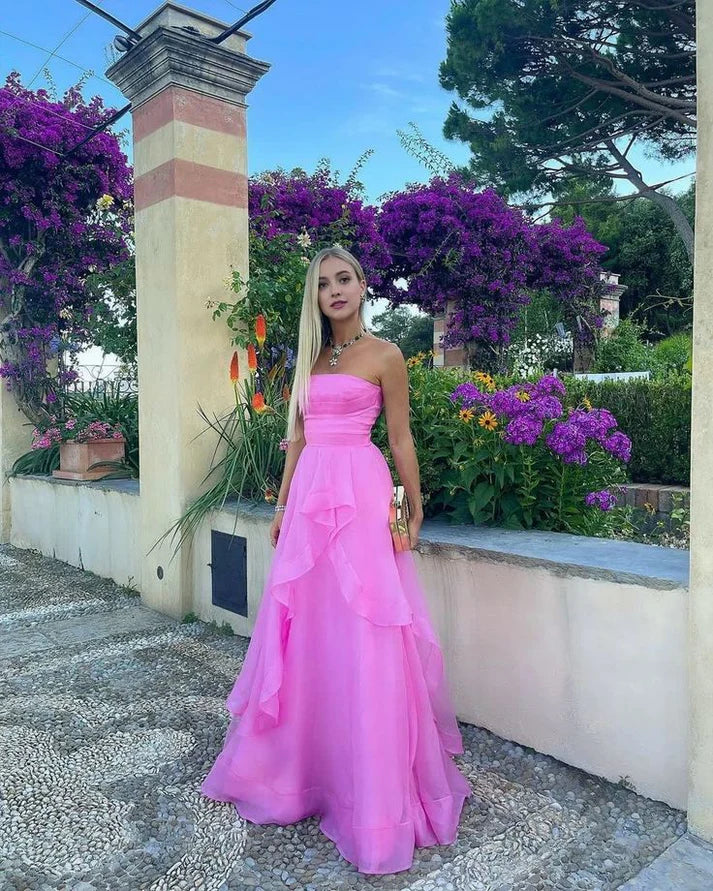 Hot Pink A Line Strapless Tulle Long Prom Dress Evening Dress DP1674