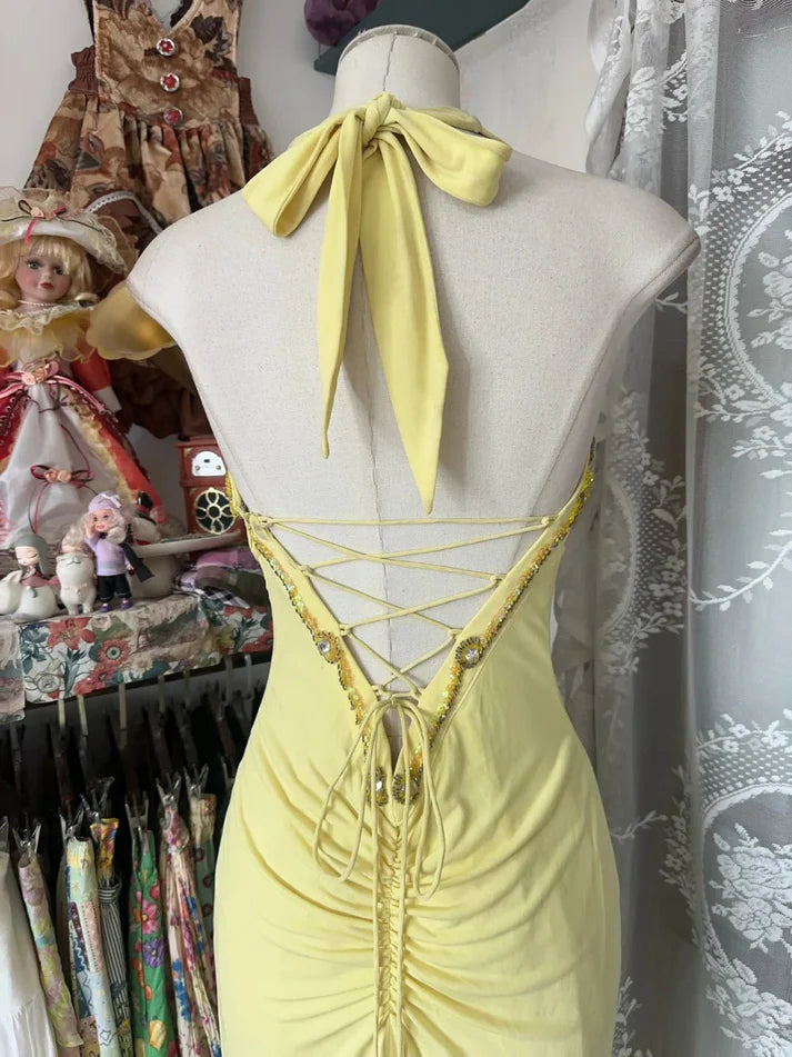 Vintage Mermaid Halter Beaded Yellow Chiffon Prom Dress Graduation Prom Dress DP2197