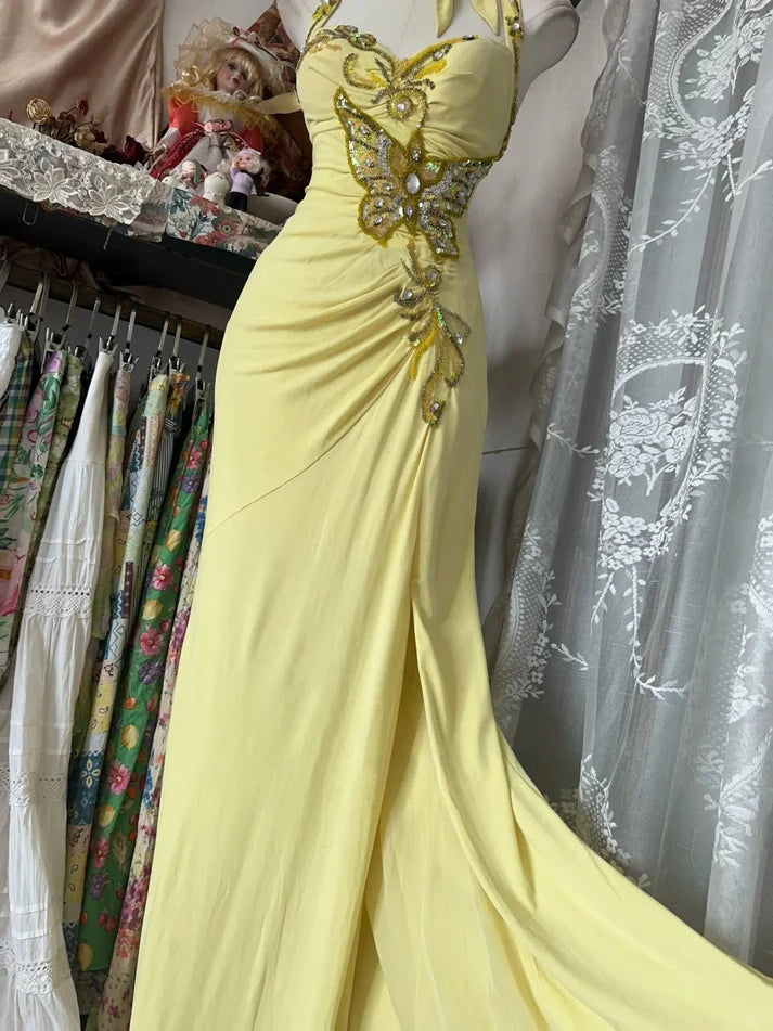 Vintage Mermaid Halter Beaded Yellow Chiffon Prom Dress Graduation Prom Dress DP2197