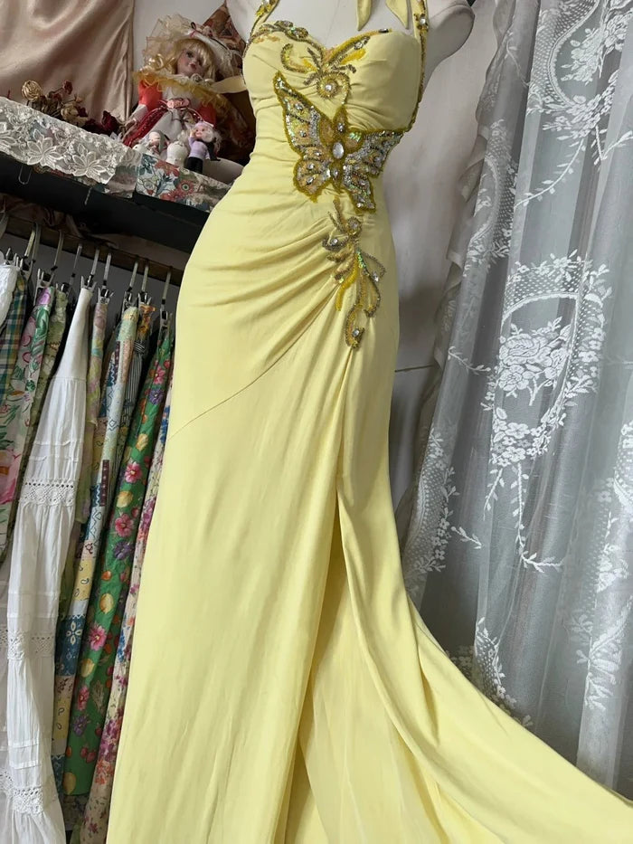 Yellow Mermaid Halter Sequin Beaded Butterfly Chiffon Long Prom Dress Wedding Guest Dress DP4077