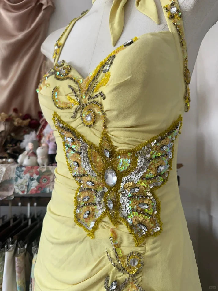 Vintage Mermaid Halter Beaded Yellow Chiffon Prom Dress Graduation Prom Dress DP2197