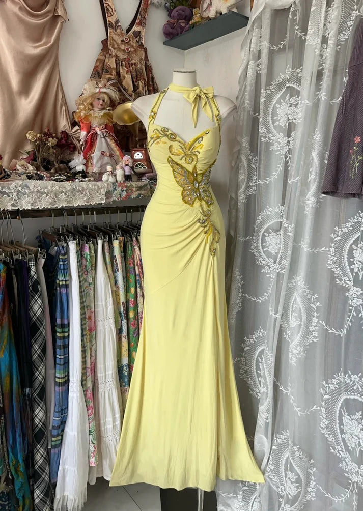Vintage Mermaid Halter Beaded Yellow Chiffon Prom Dress Graduation Prom Dress DP2197