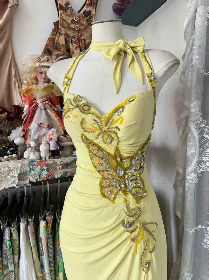 Vintage Mermaid Halter Beaded Yellow Chiffon Prom Dress Graduation Prom Dress DP2197