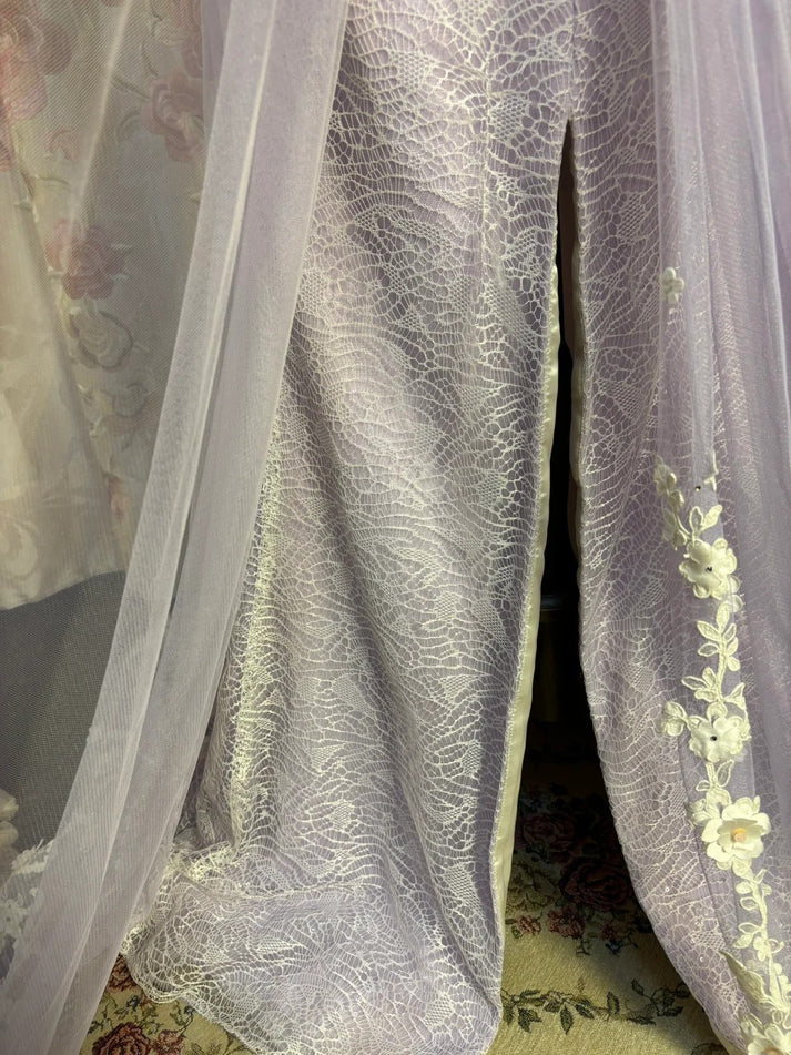 Gentle Purple Mermaid Sweetheart Neck Floral Tulle Prom Dress Party Dress with Slit DP3182
