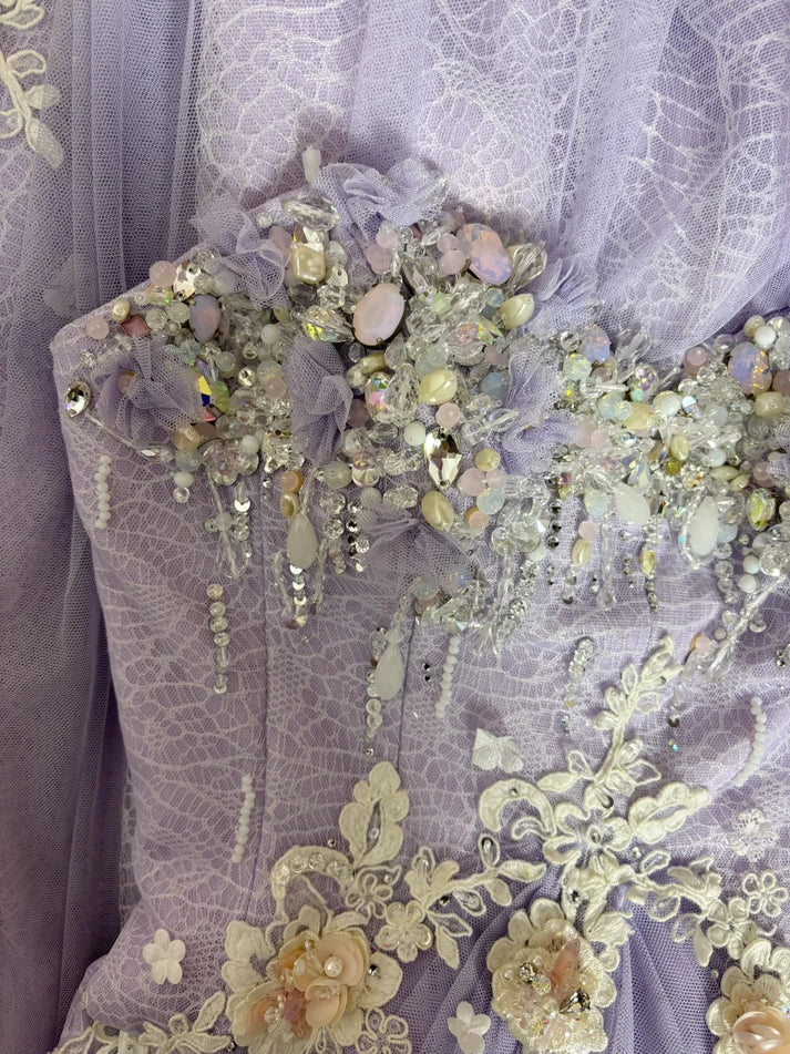 Gentle Purple Mermaid Sweetheart Neck Floral Tulle Prom Dress Party Dress with Slit DP3182