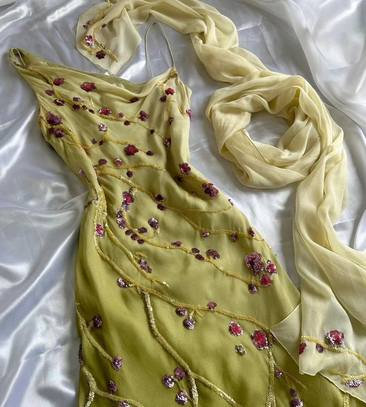 Vintage A Line Straps Floral Sequins Chiffon Long Prom Dress Evening Dress DP1192