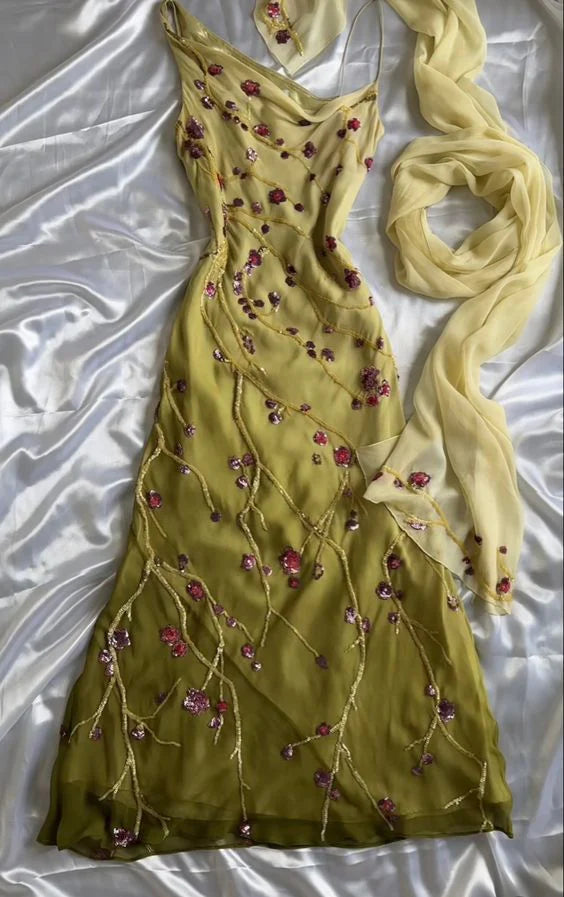 Vintage A Line Straps Floral Sequins Chiffon Long Prom Dress Evening Dress DP1192