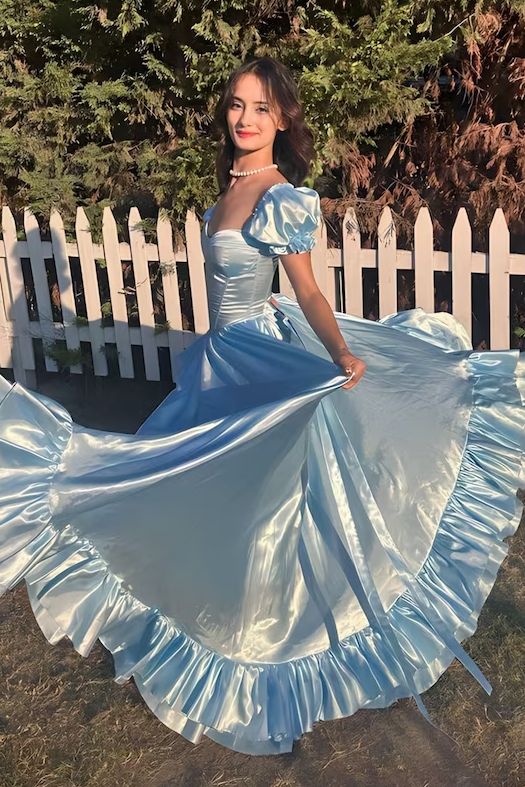 Romantic A Line Off the Shoulder Blue Satin Prom Dresses Formal Evening Dress with Slit DP2383