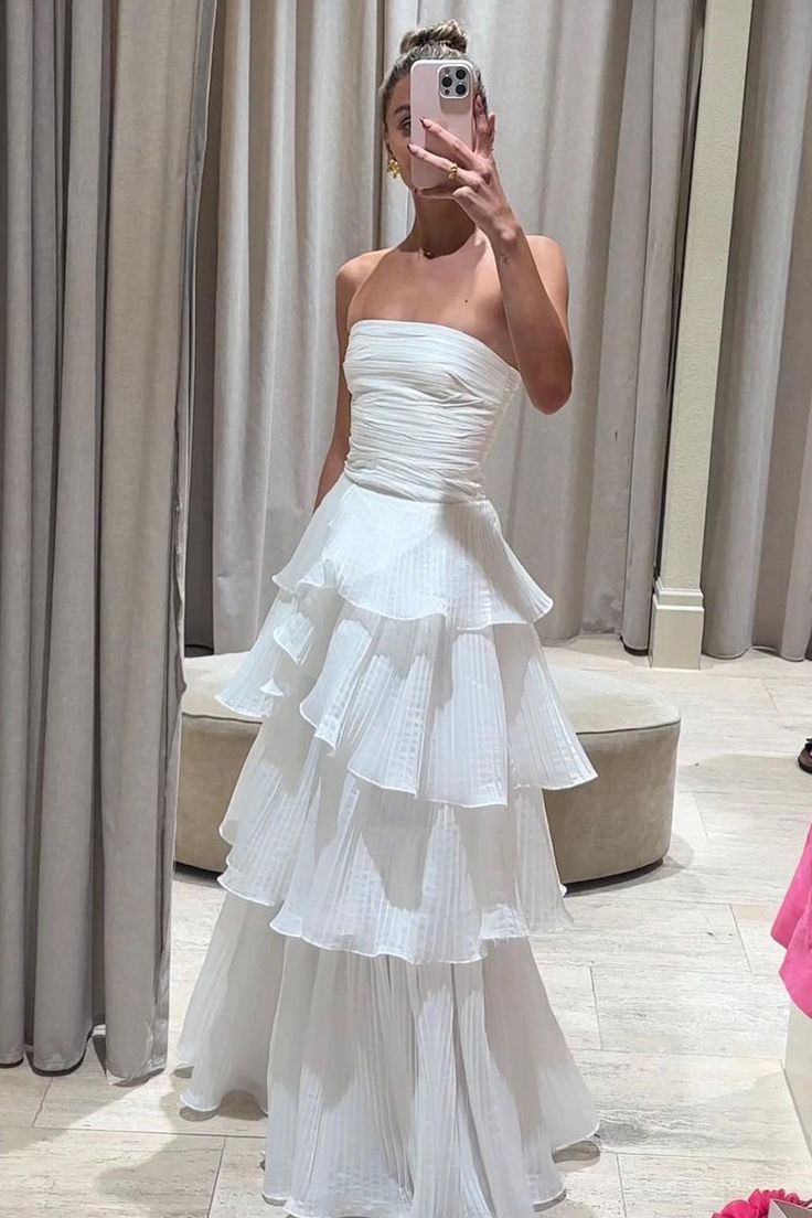 Simple White A Line Strapless Layered Chiffon Prom Dress Evening Dress DP1209