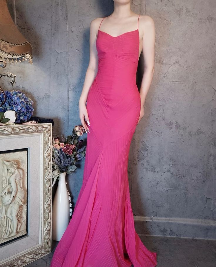 Pink Mermaid Spaghetti Strap Chiffon Open Back Long Party Dress Evening Dress DP2276