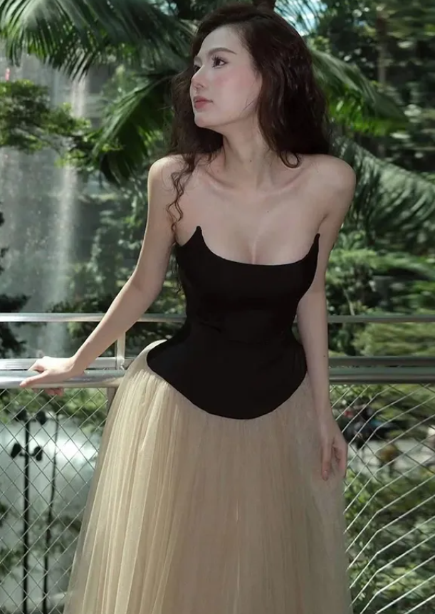 Elegant A Line Strapless Tulle Satin Long Prom Dress Evening Dress DP4264