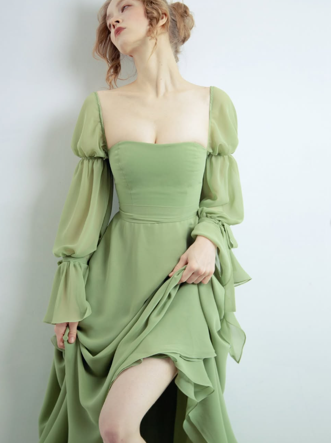Princess Green A Line Long Sleeve Chiffon Long Prom Dress Evening Dress DP2801