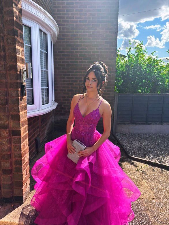 Vintage Hot Pink A Line Spaghetti Strap Lace Ruffle Tulle Prom Dress DP8132