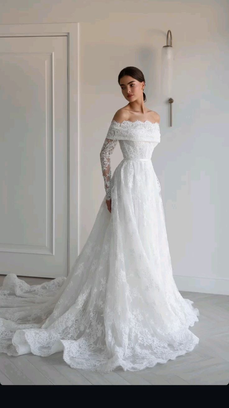 White A Line Long Sleeve Exquisite Lace Long Wedding Dress DP7803