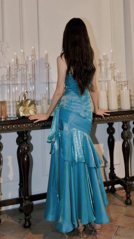Blue Mermaid Spaghetti Straps Long Prom Dresses Birthday Party Dress Evening Gowns DP4235