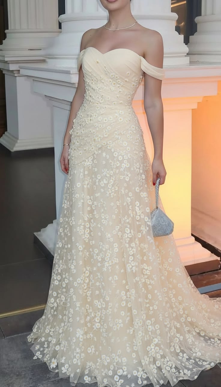 Ivory A Line Off the Shoulder Floral Tulle Long Prom Dress Evening Dress DP7485