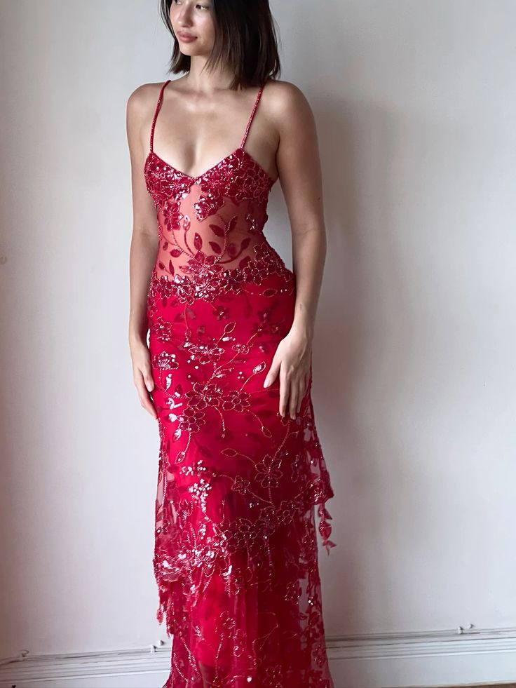 Exquisite Red Floral Beaded Sequin Tulle Long Evening Gown Prom Gown DP2916