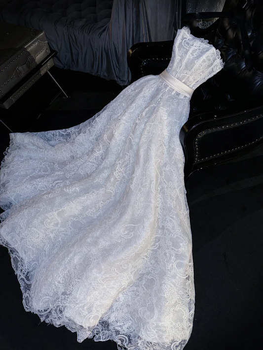 Charming A Line Strapless White Lace Long Prom Dress Evening Dress DP2089