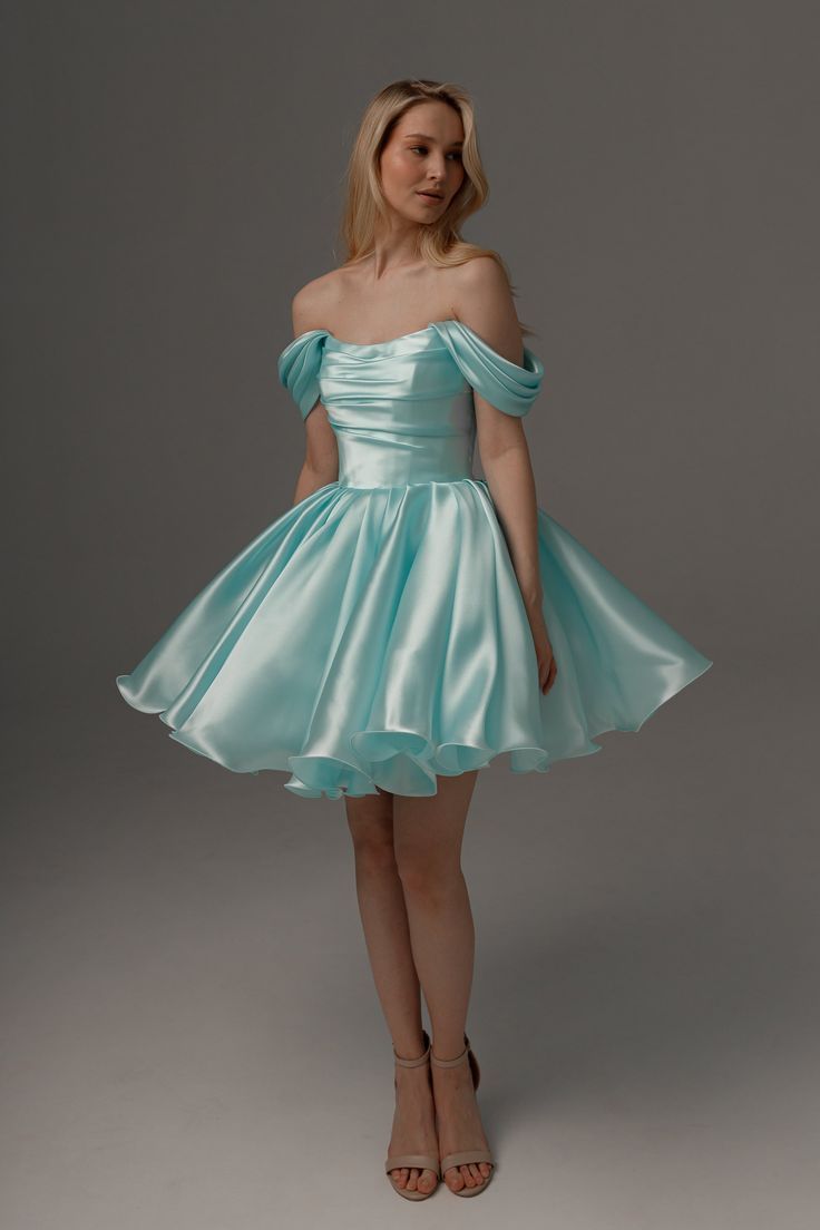 Blue A Line Off the Shoulder Satin Short Homecoming Dress Cocktail Dress DP3614