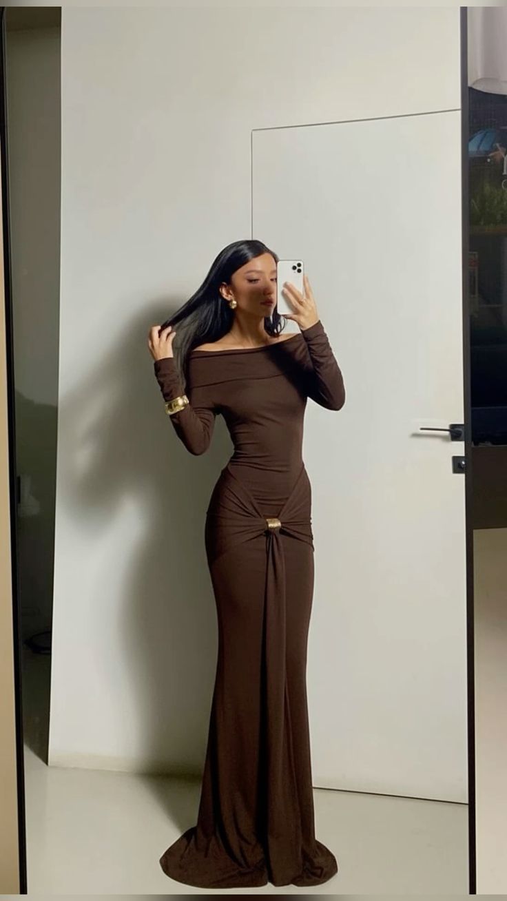 Sexy Brown Sheath Long Sleeve Satin Long Prom Dress Evening Dress DP7472