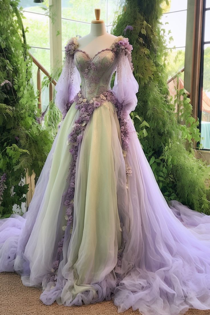 Fairy A Line Long Sleeve 3D Flower Green Purple Tulle Long Prom Dress Evening Dress DP1955
