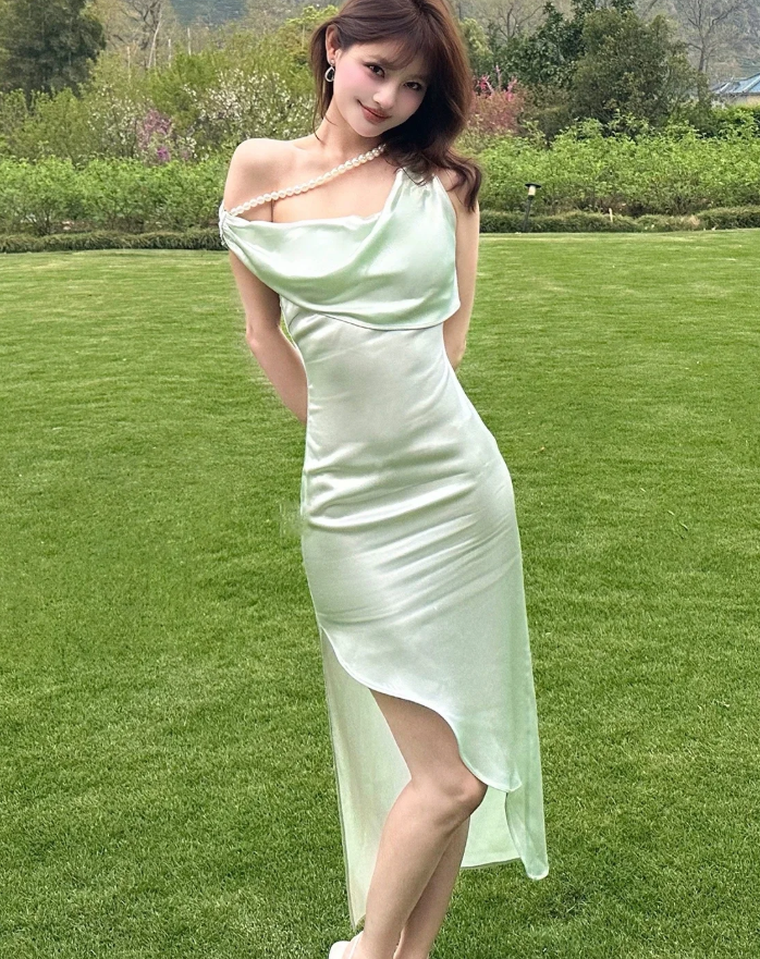 Light Green Sheath Straps Pearl Satin Prom Dress with Slit DP4251