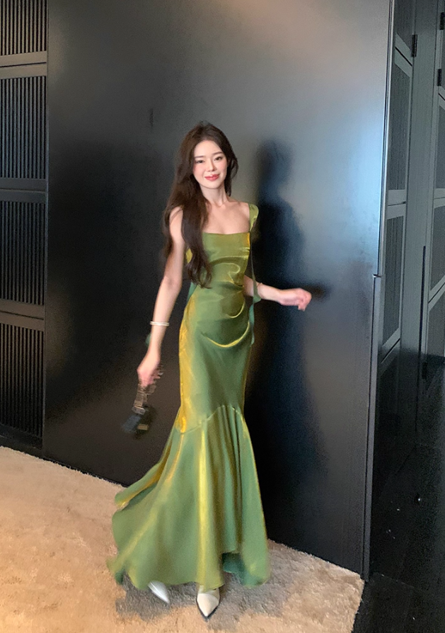 Shiny Green Mermaid Straps Satin Prom Dress Formal Dress Evening Dress DP3454