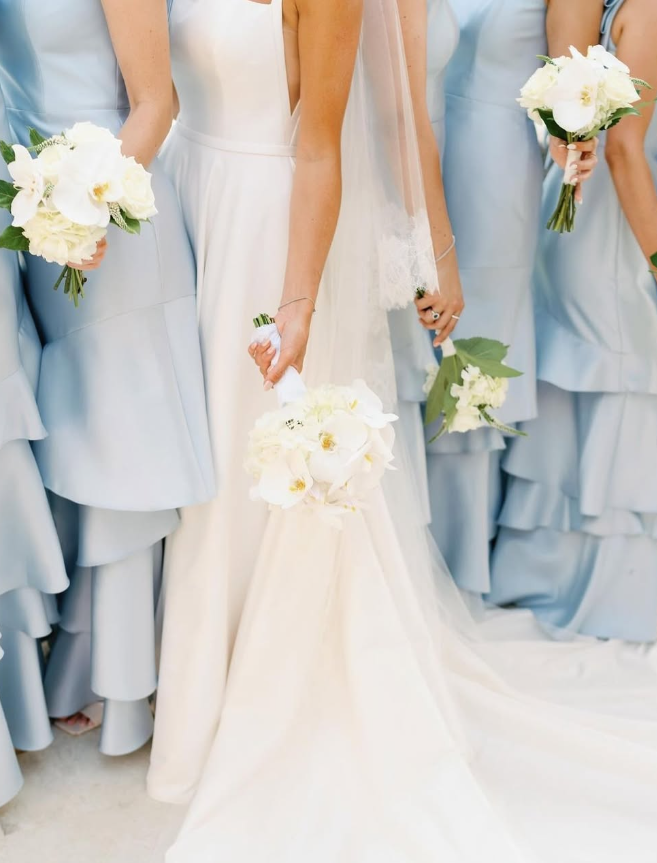 Baby Blue Mermaid Straps Tiered Satin Prom Dress Bridesmaid Dress DP2168