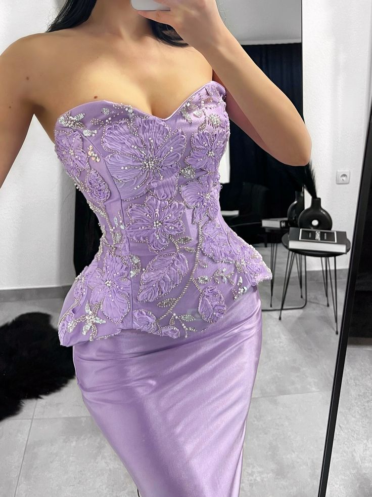 Two Piece Purple Sheath Strapless Beaded Satin Prom Dress Evening Dress DP5774