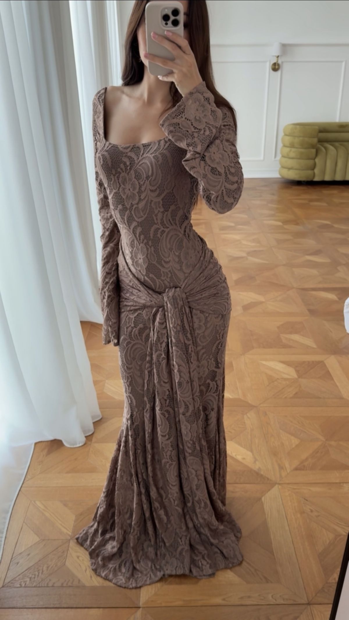 Elegant Brown Sheath Long Sleeve Lace Prom Dress Evening Dress DP7528