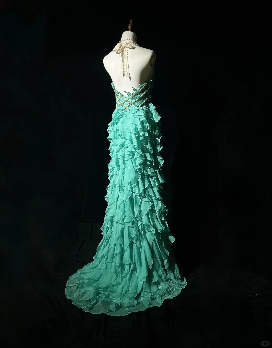 Retro A Line Halter Beaded Ruffle Blue Chiffon Prom Dress Party Dress DP2773