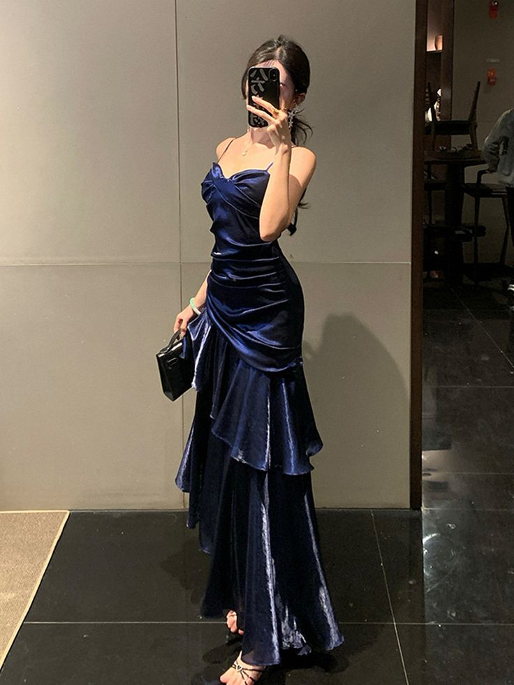 Dark Blue Mermaid Spaghetti Straps Long Prom Dresses Birthday Party Dress Evening Gowns DP4234