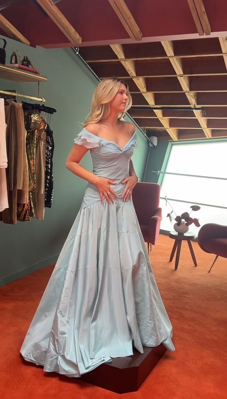 Retro Style A Line Off the Shoulder Blue Satin Long Party Dress Prom Dress DP2216