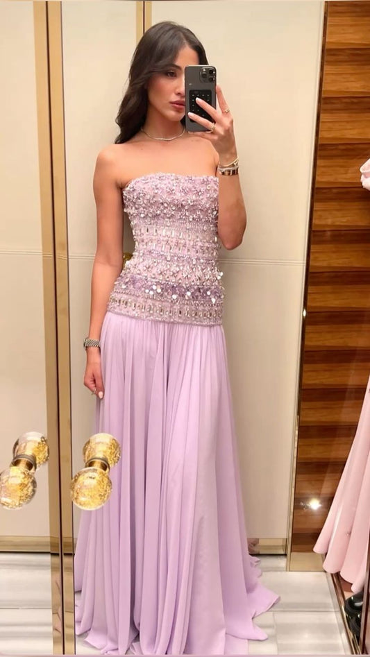 Stunning A Line Strapless Beaded Purple Chiffon Long Prom Dress Party Dress DP2583