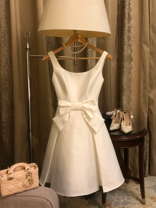 Simple White A Line Straps Bow Satin Short Homecoming Dress Birthday Dress DP2713