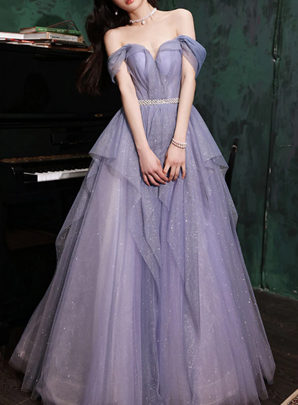 Purple A Line Off the Shoulder Sequin Tulle Long Prom Dress Evening Dress DP2022