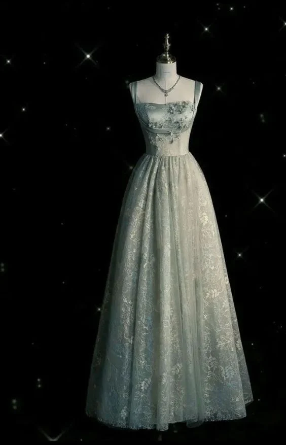 Beautiful Sage Green A Line Long Tulle Lace Prom Dress DP090