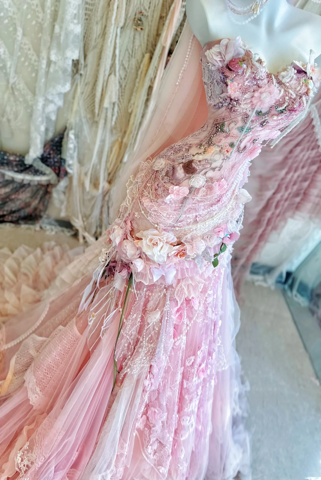 Gentle Pink Mermaid Exquisite Beaded Floral Tulle Lace Prom Dress Evening Dress Party Dress DP2972