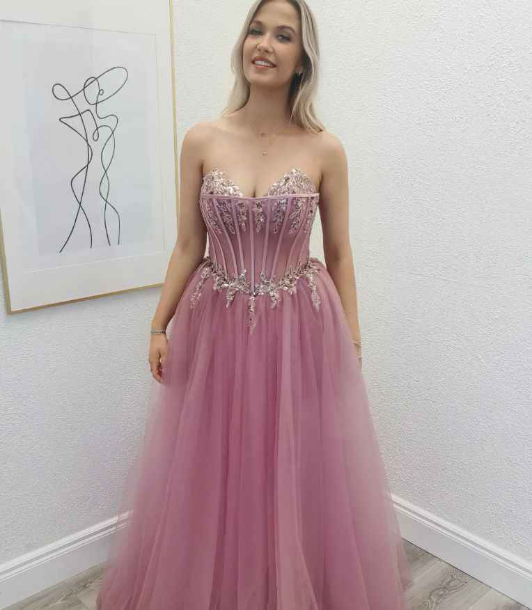 Pink A Line Sweetheart Neck Sequin Corset Tulle Prom Dress Evening Dress DP6353