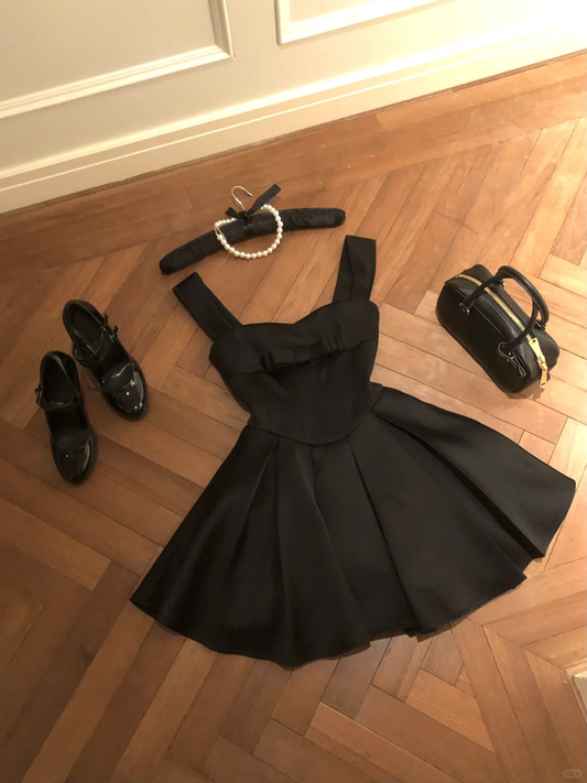 Simple A Line Strap Black Satin Short Homecoming Dress Cocktail Dress with Bow DP2702