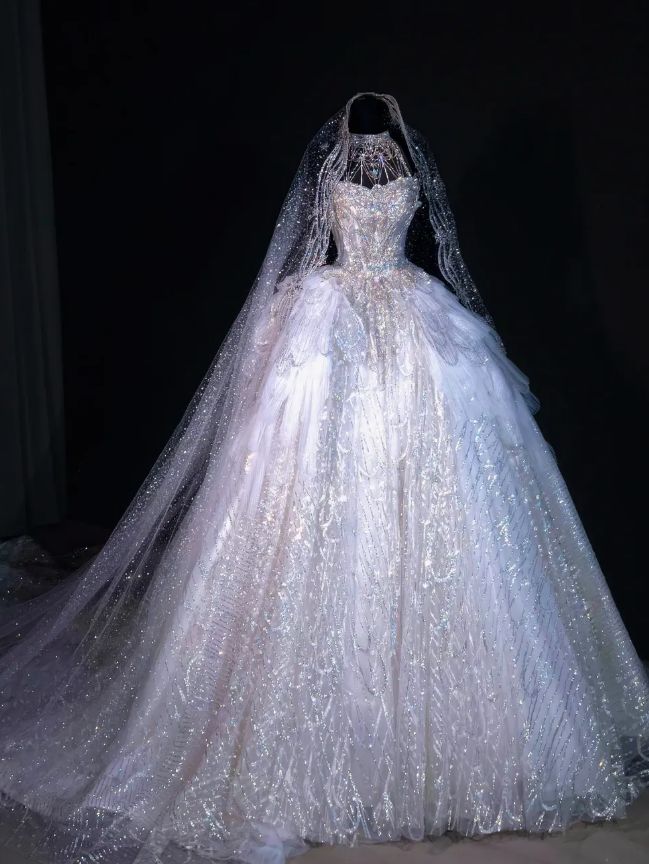 Silver Ball Gown Halter Rhinestone Sequin Tulle Long Prom Dress DP2753