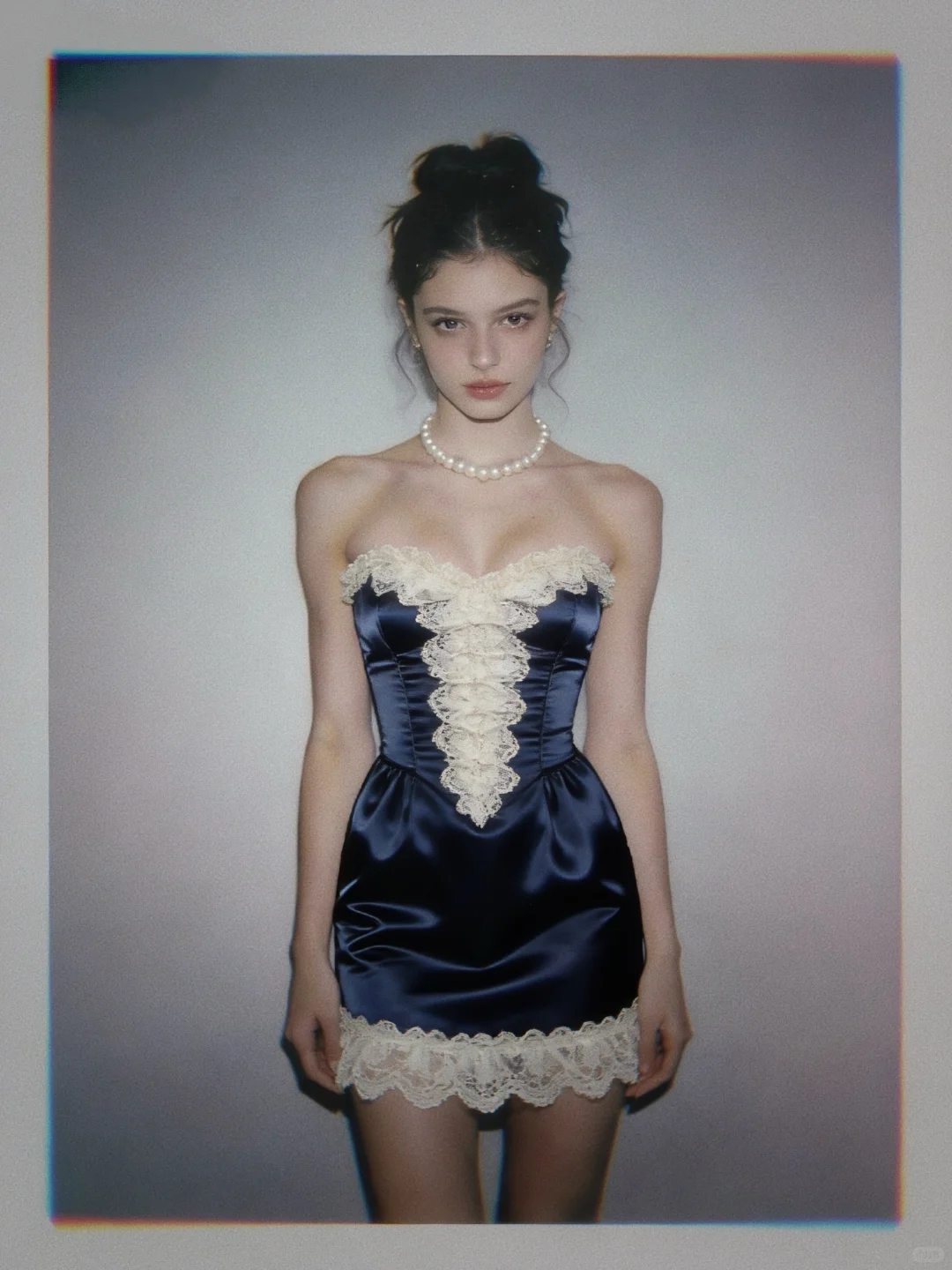 Pretty Sheath Strapless White Lace Navy Blue Satin Short Homecoming Dress Outfits DP4705