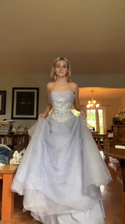 Lilac A Line Sweetheart Neck Beaded Tulle Long Prom Dress Evening Dress DP2786