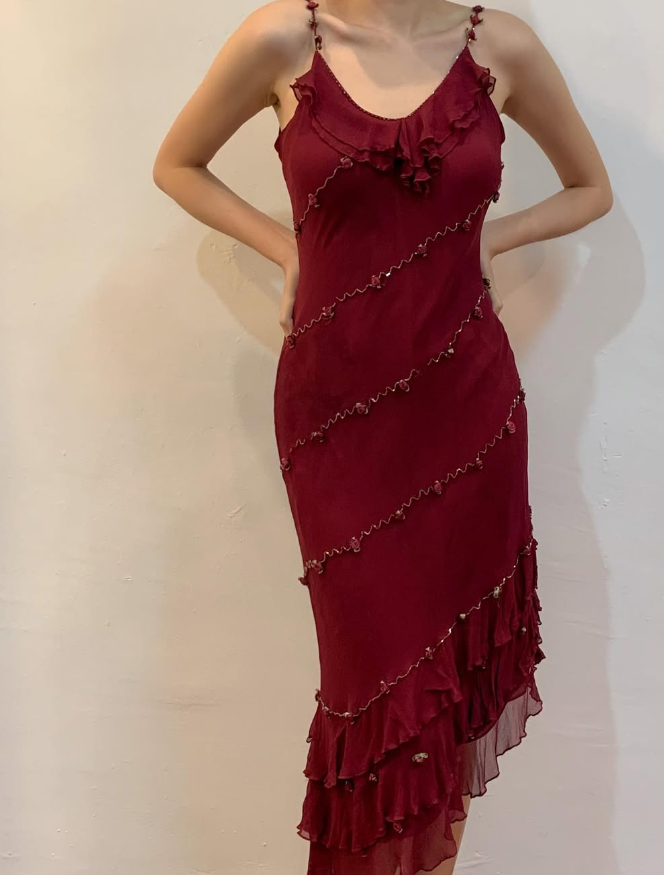 Vintage Sheath Spaghetti Strap Ruffle Beaded Burgundy Chiffon Prom Dress Evening Dress DP1635