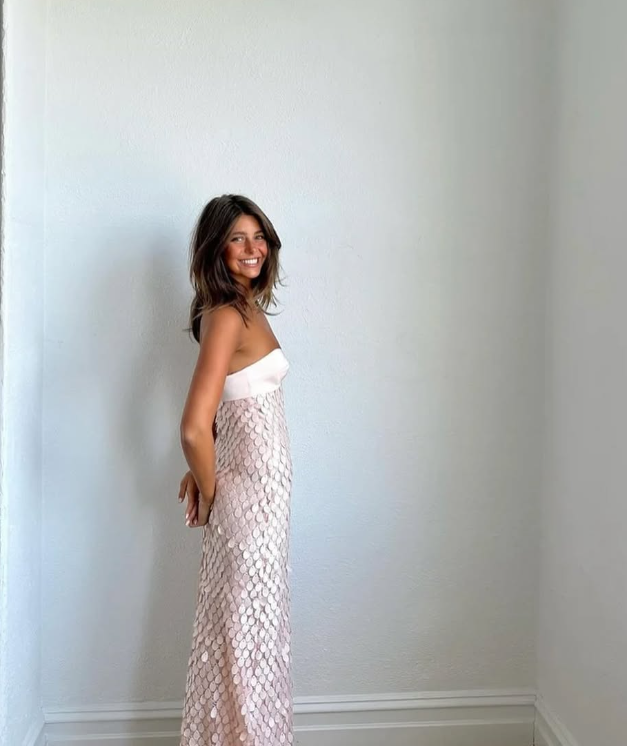 Elegant Sheath Strapless Sequin Satin Prom Dress Evening Dress DP1498