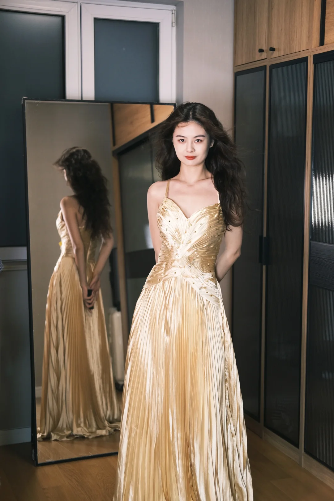 New A Line Spaghetti Strap Beaded Pleated Golden Satin Prom Dress Evening Dress DP2464