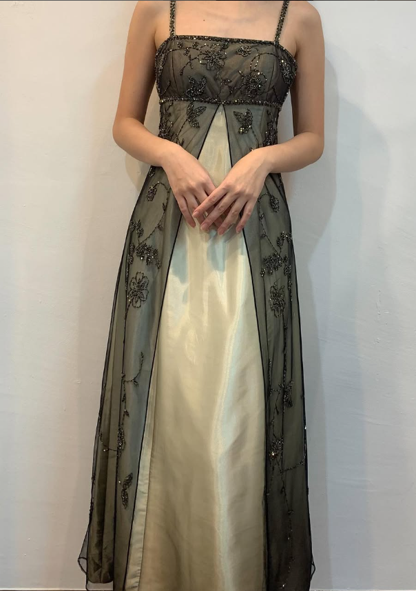Vintage A Line Spaghetti Straps Appliques Beaded Satin Tulle Prom Dress Evening Dress DP1382