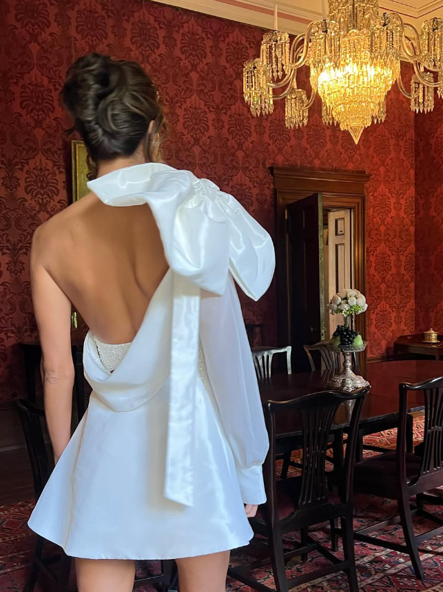 A Line One Shoulder Long Sleeve White Satin Short Homecoming Dress Birthday Dress DP1619